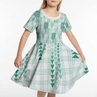 Aloha Hawaii Vintage Kahili Pa'a Lima Kid Short Sleeve Dress Palaka Print Mossy Teal LT7 - Polynesian Pride