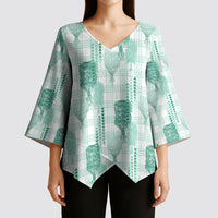 Aloha Hawaii Vintage Kahili Pa'a Lima Kimono Sleeve Blouse Palaka Print Mossy Teal