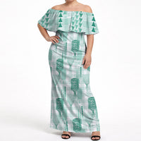 Aloha Hawaii Vintage Kahili Pa'a Lima Off Shoulder Maxi Dress Palaka Print Mossy Teal LT7 Women Mossy Teal - Polynesian Pride