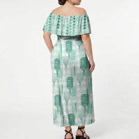 Aloha Hawaii Vintage Kahili Pa'a Lima Off Shoulder Maxi Dress Palaka Print Mossy Teal LT7 - Polynesian Pride
