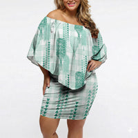 Aloha Hawaii Vintage Kahili Pa'a Lima Off Shoulder Short Dress Palaka Print Mossy Teal LT7 Women Mossy Teal - Polynesian Pride