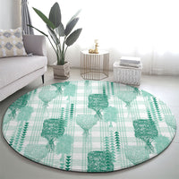 Aloha Hawaii Vintage Kahili Pa'a Lima Round Carpet Palaka Print Mossy Teal