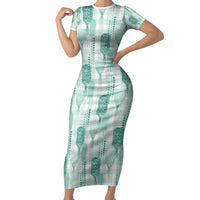 Aloha Hawaii Vintage Kahili Pa'a Lima Short Sleeve Bodycon Dress Palaka Print Mossy Teal LT7 Long Dress Mossy Teal - Polynesian Pride