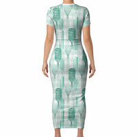 Aloha Hawaii Vintage Kahili Pa'a Lima Short Sleeve Bodycon Dress Palaka Print Mossy Teal LT7 - Polynesian Pride