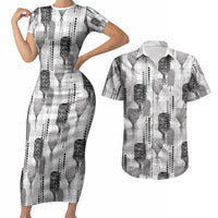 Aloha Hawaii Vintage Kahili Pa'a Lima Couples Matching Short Sleeve Bodycon Dress and Hawaiian Shirt Palaka Print Hinahina LT7 Gray - Polynesian Pride