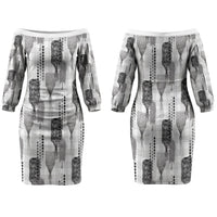 Aloha Hawaii Vintage Kahili Pa'a Lima Family Matching Off The Shoulder Long Sleeve Dress and Hawaiian Shirt Palaka Print Hinahina LT7 Mom's Dress Gray - Polynesian Pride