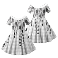 Aloha Hawaii Vintage Kahili Pa'a Lima Family Matching Off The Shoulder Long Sleeve Dress and Hawaiian Shirt Palaka Print Hinahina LT7 Daughter's Dress Gray - Polynesian Pride