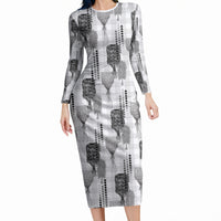 Aloha Hawaii Vintage Kahili Pa'a Lima Long Sleeve Bodycon Dress Palaka Print Hinahina LT7 Long Dress Gray - Polynesian Pride