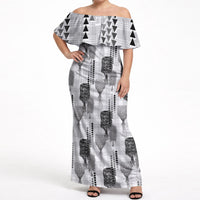 Aloha Hawaii Vintage Kahili Pa'a Lima Off Shoulder Maxi Dress Palaka Print Hinahina LT7 Women Gray - Polynesian Pride