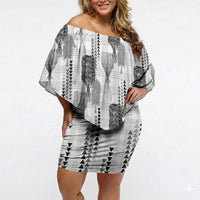 Aloha Hawaii Vintage Kahili Pa'a Lima Off Shoulder Short Dress Palaka Print Hinahina LT7 Women Gray - Polynesian Pride