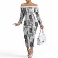 Aloha Hawaii Vintage Kahili Pa'a Lima Off The Shoulder Long Sleeve Dress Palaka Print Hinahina LT7 Women Gray - Polynesian Pride