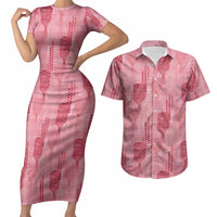 Aloha Hawaii Vintage Kahili Pa'a Lima Couples Matching Short Sleeve Bodycon Dress and Hawaiian Shirt Palaka Print Berry Pink LT7 Pink - Polynesian Pride