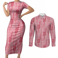 Aloha Hawaii Vintage Kahili Pa'a Lima Couples Matching Short Sleeve Bodycon Dress and Long Sleeve Button Shirt Palaka Print Berry Pink LT7 Pink - Polynesian Pride