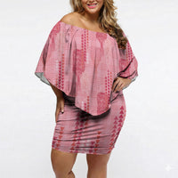 Aloha Hawaii Vintage Kahili Pa'a Lima Off Shoulder Short Dress Palaka Print Berry Pink LT7 Women Pink - Polynesian Pride