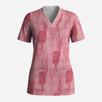 Aloha Hawaii Vintage Kahili Pa'a Lima Scrub Top Palaka Print Berry Pink