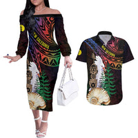New Caledonia Kanaky Personalized Couples Matching Off The Shoulder Long Sleeve Dress and Hawaiian Shirt Kagu Bird Emblem - Polynesian Pride