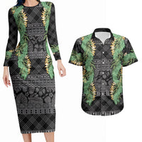 Hawai'i Paniolo Maile Twisted Lei Couples Matching Long Sleeve Bodycon Dress and Hawaiian Shirt Obsidian Black