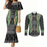 Hawai'i Paniolo Maile Twisted Lei Couples Matching Mermaid Dress and Long Sleeve Button Shirt Obsidian Black