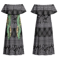 Hawai'i Paniolo Maile Twisted Lei Couples Matching Off Shoulder Maxi Dress and Hawaiian Shirt Obsidian Black