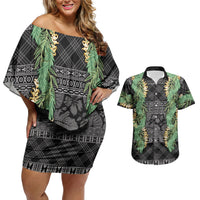 Hawai'i Paniolo Maile Twisted Lei Couples Matching Off Shoulder Short Dress and Hawaiian Shirt Obsidian Black