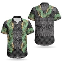 Hawai'i Paniolo Maile Twisted Lei Couples Matching Short Sleeve Bodycon Dress and Hawaiian Shirt Obsidian Black