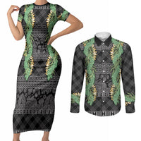 Hawai'i Paniolo Maile Twisted Lei Couples Matching Short Sleeve Bodycon Dress and Long Sleeve Button Shirt Obsidian Black