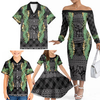 Hawai'i Paniolo Maile Twisted Lei Family Matching Off The Shoulder Long Sleeve Dress and Hawaiian Shirt Obsidian Black