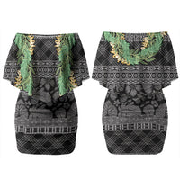 Hawai'i Paniolo Maile Twisted Lei Family Matching Off Shoulder Short Dress and Hawaiian Shirt Obsidian Black