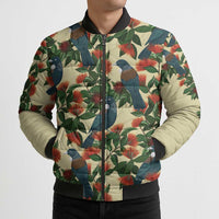New Zealand Christmas Bomber Puffer Jacket Romantic Tui Birds on Pohutukawa - Ivory - Polynesian Pride