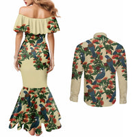 New Zealand Christmas Couples Matching Mermaid Dress and Long Sleeve Button Shirt Romantic Tui Birds on Pohutukawa - Ivory - Polynesian Pride