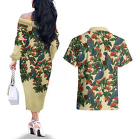 New Zealand Christmas Couples Matching Off The Shoulder Long Sleeve Dress and Hawaiian Shirt Romantic Tui Birds on Pohutukawa - Ivory - Polynesian Pride