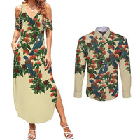 New Zealand Christmas Couples Matching Summer Maxi Dress and Long Sleeve Button Shirt Romantic Tui Birds on Pohutukawa - Ivory - Polynesian Pride