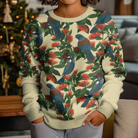 New Zealand Christmas Kid Ugly Christmas Sweater Romantic Tui Birds on Pohutukawa - Ivory - Polynesian Pride