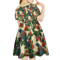 New Zealand Christmas Kid Short Sleeve Dress Romantic Tui Birds on Pohutukawa - Ivory - Polynesian Pride