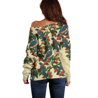 New Zealand Christmas Off Shoulder Sweater Romantic Tui Birds on Pohutukawa - Ivory - Polynesian Pride