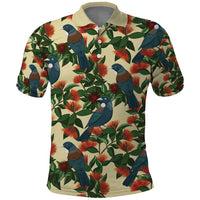 New Zealand Christmas Polo Shirt Romantic Tui Birds on Pohutukawa - Ivory - Polynesian Pride