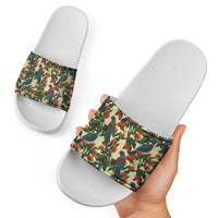 New Zealand Christmas Slide Sandals Romantic Tui Birds on Pohutukawa - Ivory - Polynesian Pride