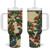 New Zealand Christmas Tumbler With Handle Romantic Tui Birds on Pohutukawa - Ivory - Polynesian Pride