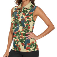 New Zealand Christmas Women Sleeveless Polo Shirt Romantic Tui Birds on Pohutukawa - Ivory - Polynesian Pride