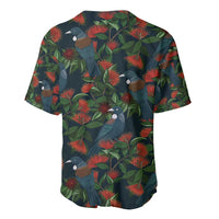 New Zealand Christmas Baseball Jersey Romantic Tui Birds on Pohutukawa - Cobalt - Polynesian Pride