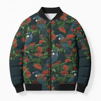 New Zealand Christmas Bomber Puffer Jacket Romantic Tui Birds on Pohutukawa - Cobalt - Polynesian Pride