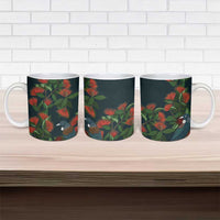 New Zealand Christmas Ceramic Mug Romantic Tui Birds on Pohutukawa - Cobalt - Polynesian Pride