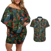 New Zealand Christmas Couples Matching Off Shoulder Short Dress and Hawaiian Shirt Romantic Tui Birds on Pohutukawa - Cobalt - Polynesian Pride