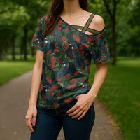 New Zealand Christmas Cross Shoulder Shirt Romantic Tui Birds on Pohutukawa - Cobalt - Polynesian Pride