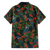 New Zealand Christmas Family Matching Off The Shoulder Long Sleeve Dress and Hawaiian Shirt Romantic Tui Birds on Pohutukawa - Cobalt - Polynesian Pride