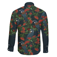 New Zealand Christmas Family Matching Off The Shoulder Long Sleeve Dress and Hawaiian Shirt Romantic Tui Birds on Pohutukawa - Cobalt - Polynesian Pride