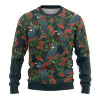 New Zealand Christmas Ugly Christmas Sweater Romantic Tui Birds on Pohutukawa - Cobalt - Polynesian Pride