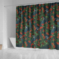 New Zealand Christmas Shower Curtain Romantic Tui Birds on Pohutukawa - Cobalt - Polynesian Pride