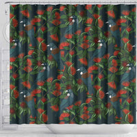 New Zealand Christmas Shower Curtain Romantic Tui Birds on Pohutukawa - Cobalt - Polynesian Pride