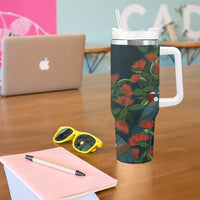 New Zealand Christmas Tumbler With Handle Romantic Tui Birds on Pohutukawa - Cobalt - Polynesian Pride